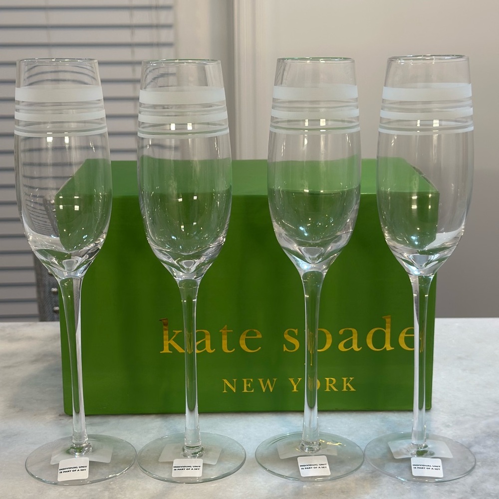 Kate Spade New York Library Stripe champagne Set of 4 Flutes Non Lead Crystal - Picture 6 of 6